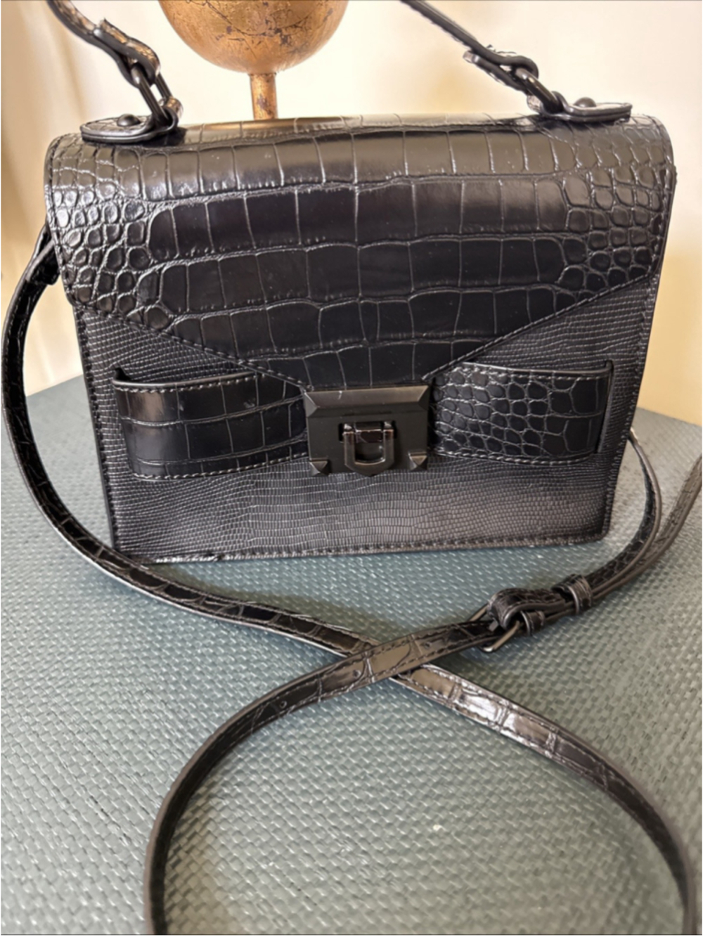 ALDO Black Croc Embossed Satchel Top Handle Crossbody Bag - Picture 2 of 3